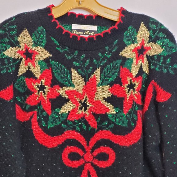 Vintage Christmas Sweater Poinsettia Black Red Dana Scott Acrylic Size Medium - Picture 2 of 15